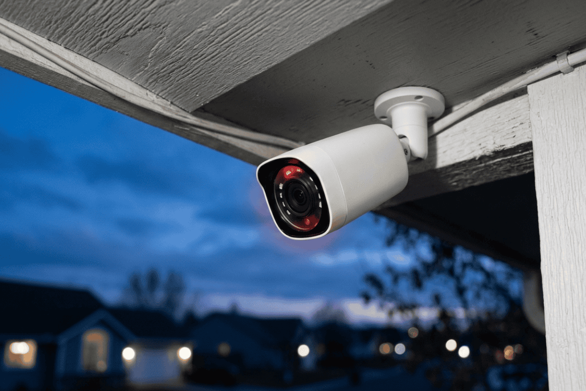 Outdoor security camera mounted under a home's eave, surveying a suburban street at dusk.