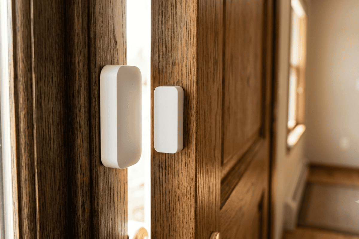 Close-up of white door handles on dark wood double doors, slightly ajar.