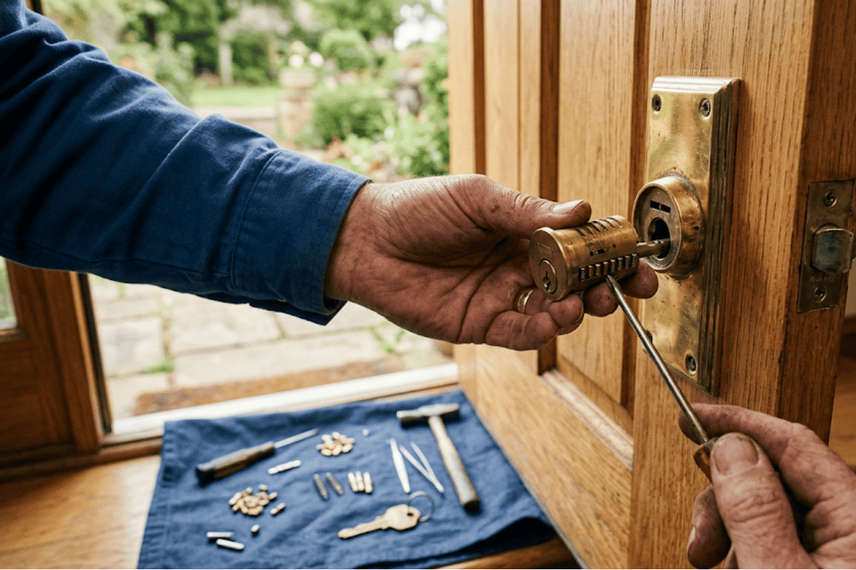 Close-up of a locksmith's hands fitting a brass deadbolt into a wooden door, with tools on a blue cloth nearby.