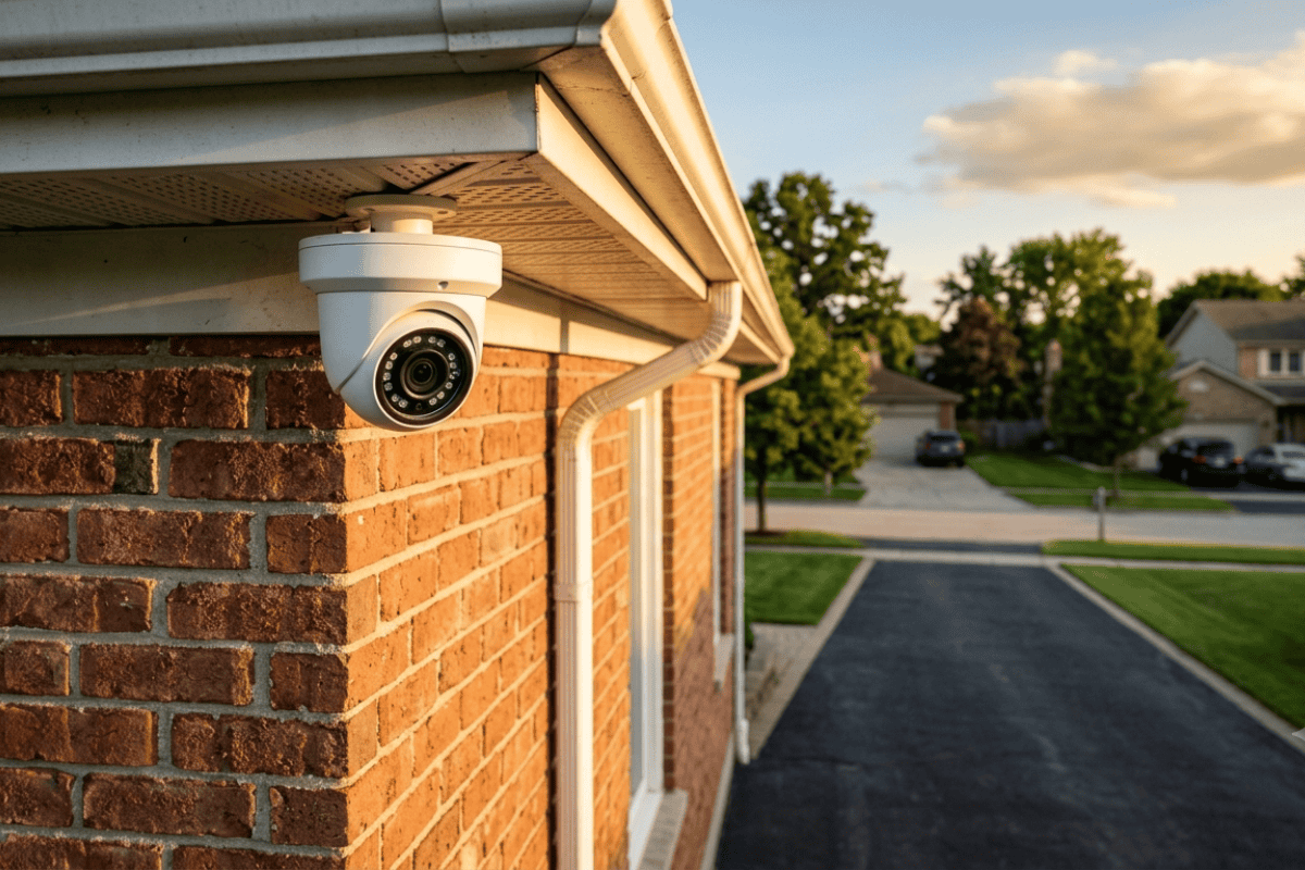 White dome security camera mounted under the eave of a brick house by a driveway.