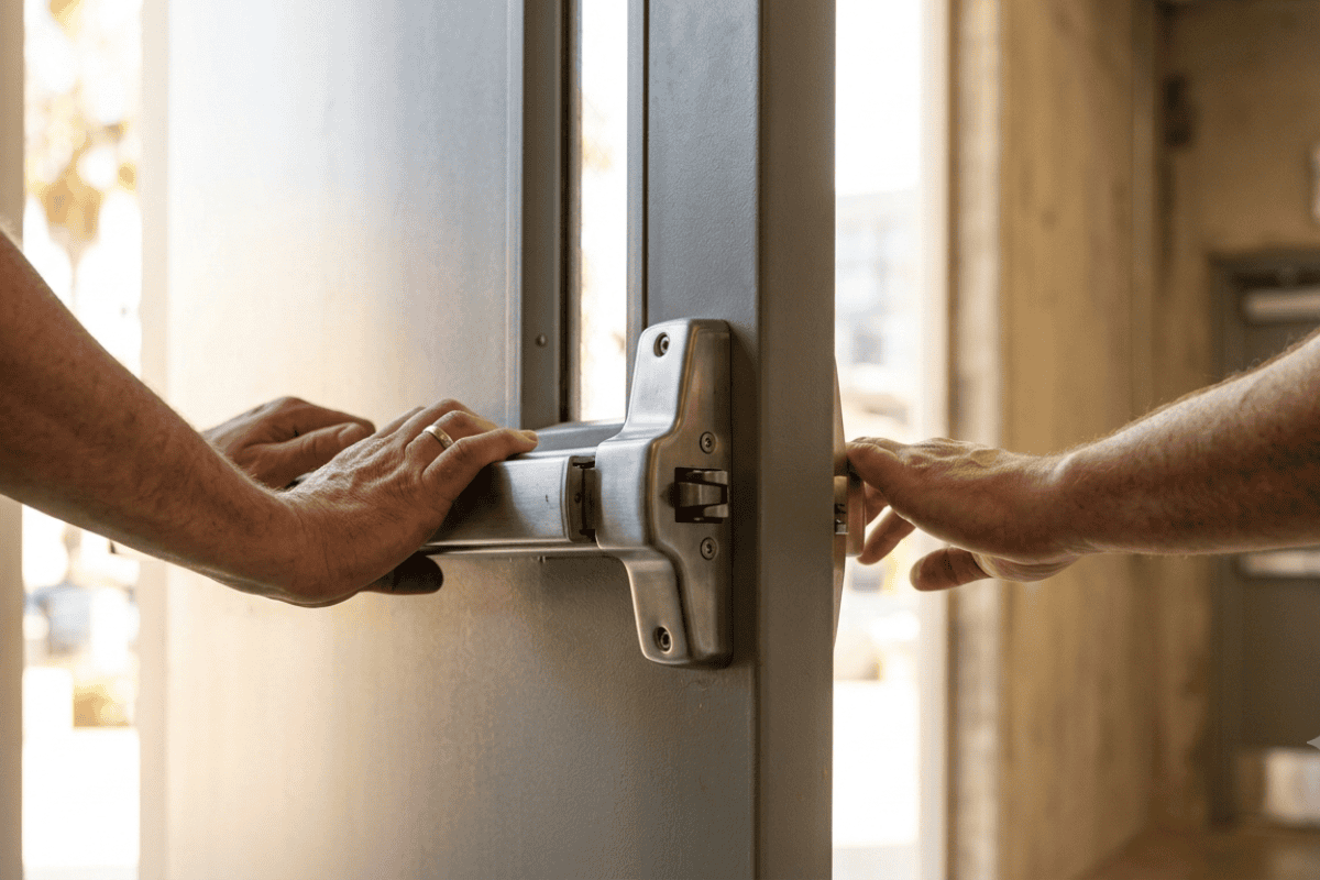 Two people on opposite sides of a metal door, each gripping the door handle and pulling to open the door.