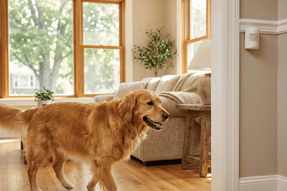 Golden retriever walking through a sunlit living room with a beige sofa and wooden floors.